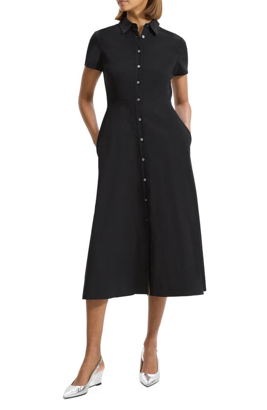 Theory Short Sleeve Linen Blend Midi Shirtdress In Black