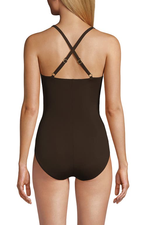 Shop Lands' End Slender Suit V-neck Pleated X-back One Piece Swimsuit Adjustable Straps In Rich Coffee