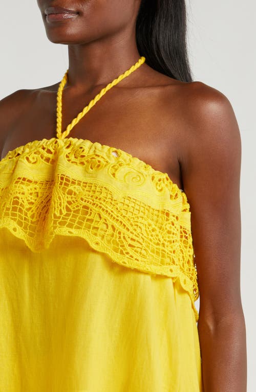 Shop Farm Rio Guipure Lace Halter Linen Blend Cover-up Minidress In Yellow