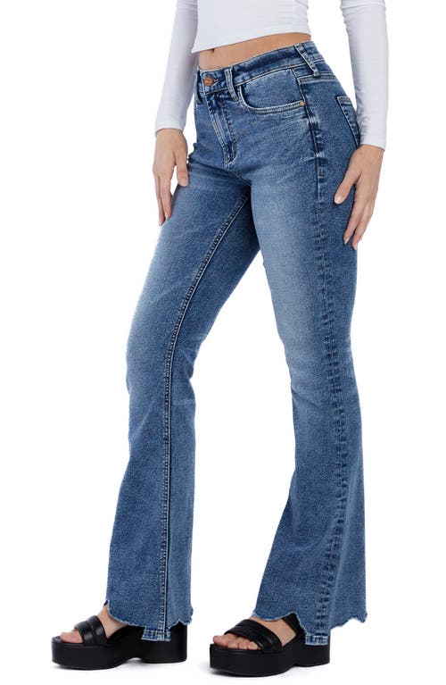 Hint Of Blu High Waist Chew Hem Flare Jeans In Summer Daze Blue