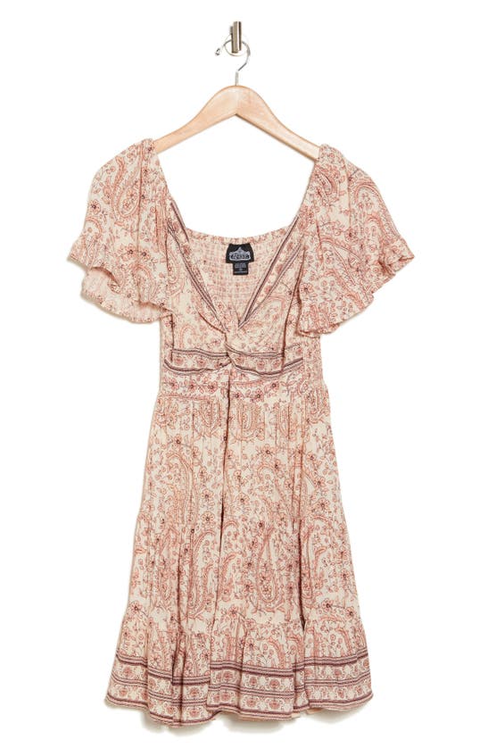 Angie Twist Front Flutter Sleeve Dress In Ivory/ Pink
