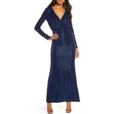 Vince Camuto Sequin Stripe Long Sleeve Gown, Blue