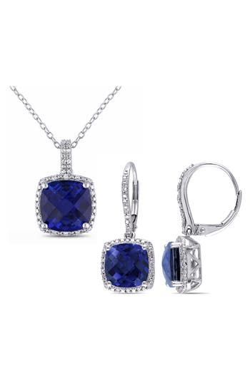 Delmar Lab-grown Blue Sapphire & Diamond Drop Earrings & Necklace Set In Blue