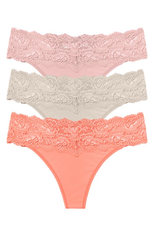 Skarlett Blue 3-Pack Goddess Lace Thongs in Coral/Dove/Pink