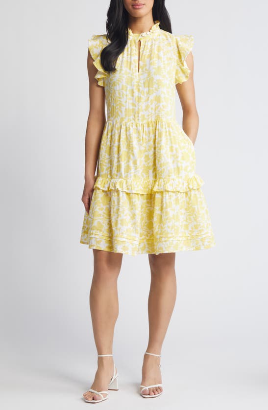 Caslon Ruffle Duo Cotton Gauze Dress In White- Yellow Kindred Flower