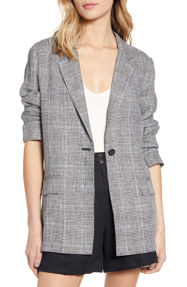 CHELSEA28 Single Button Linen Blazer, Main, color, BLACK- WHITE GRETCHEN PLAID