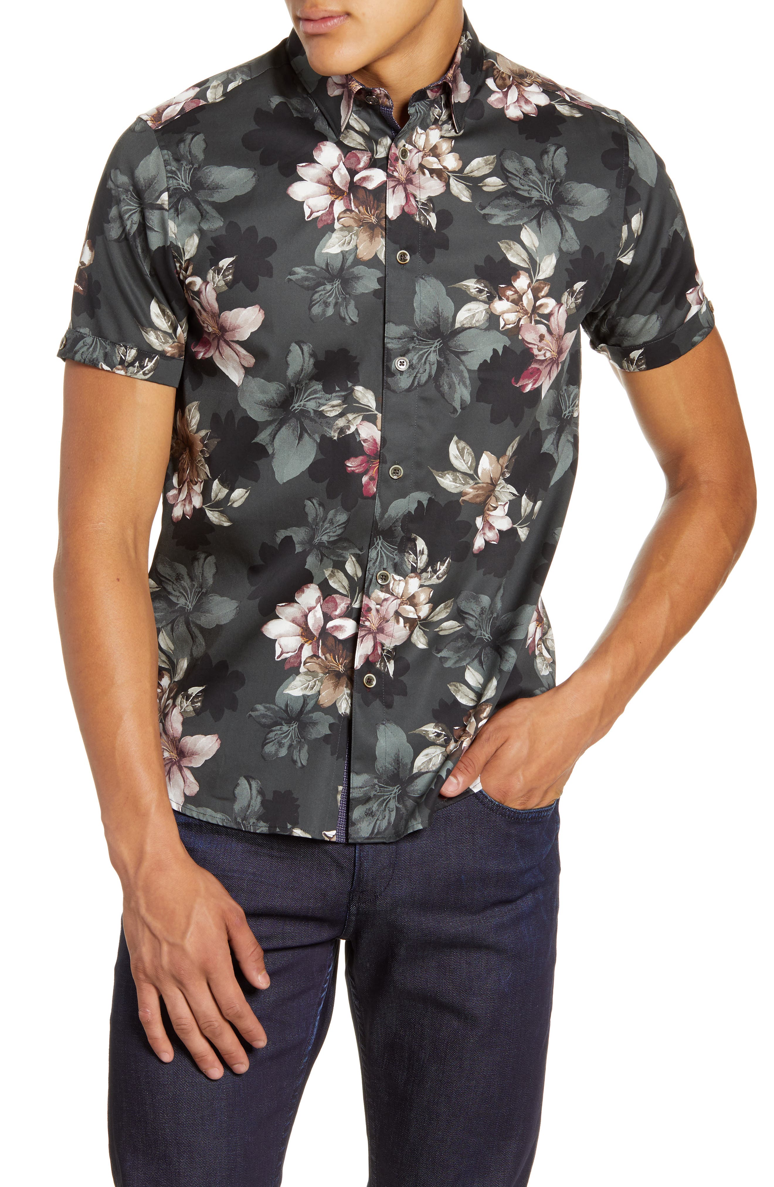 TED BAKER LONDON Verre Slim Fit Floral Short Sleeve Button-Up Shirt in Green