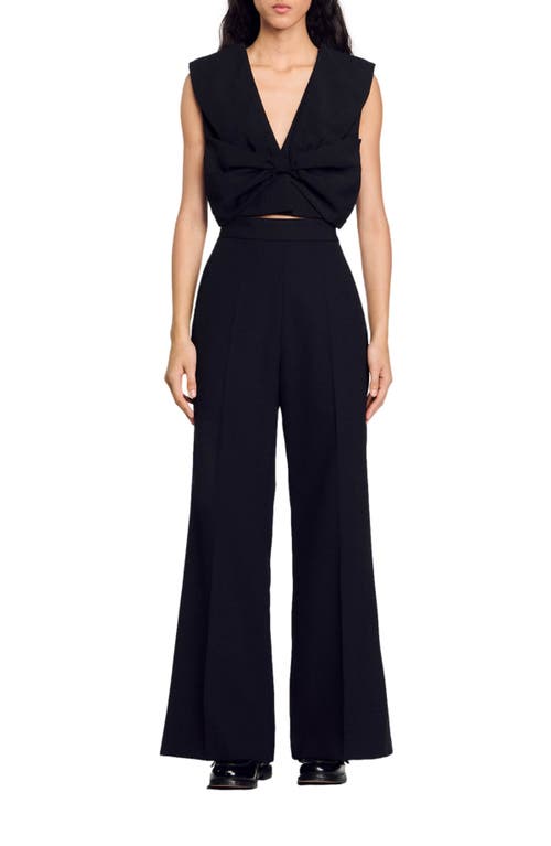 Sandro Satin Bow Cropped Top In Black