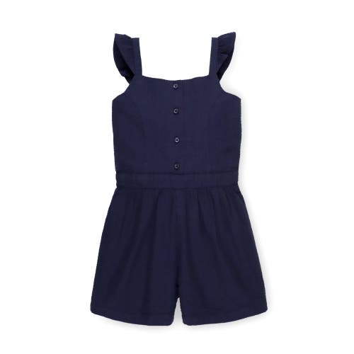 Hope & Henry Baby Girls' Flutter Button Front Romper, Infant In Navy Seersucker