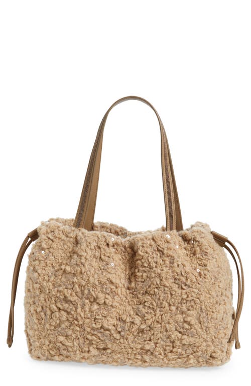 Embroidered Wool Blend Bouclé Tote in C9010 Camel