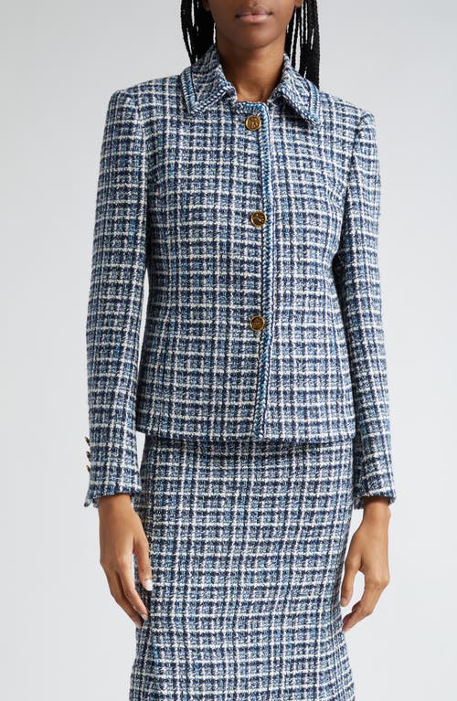 Shop Etro Plaid Tweed Jacket In Blue Multi