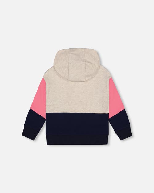 Shop Deux Par Deux Girl's Hooded Sweatshirt Colorblock Beige, Navy And Pink In Multicolor