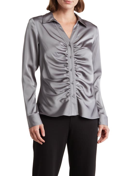 Ruched Long Sleeve Satin Button-Up Shirt
