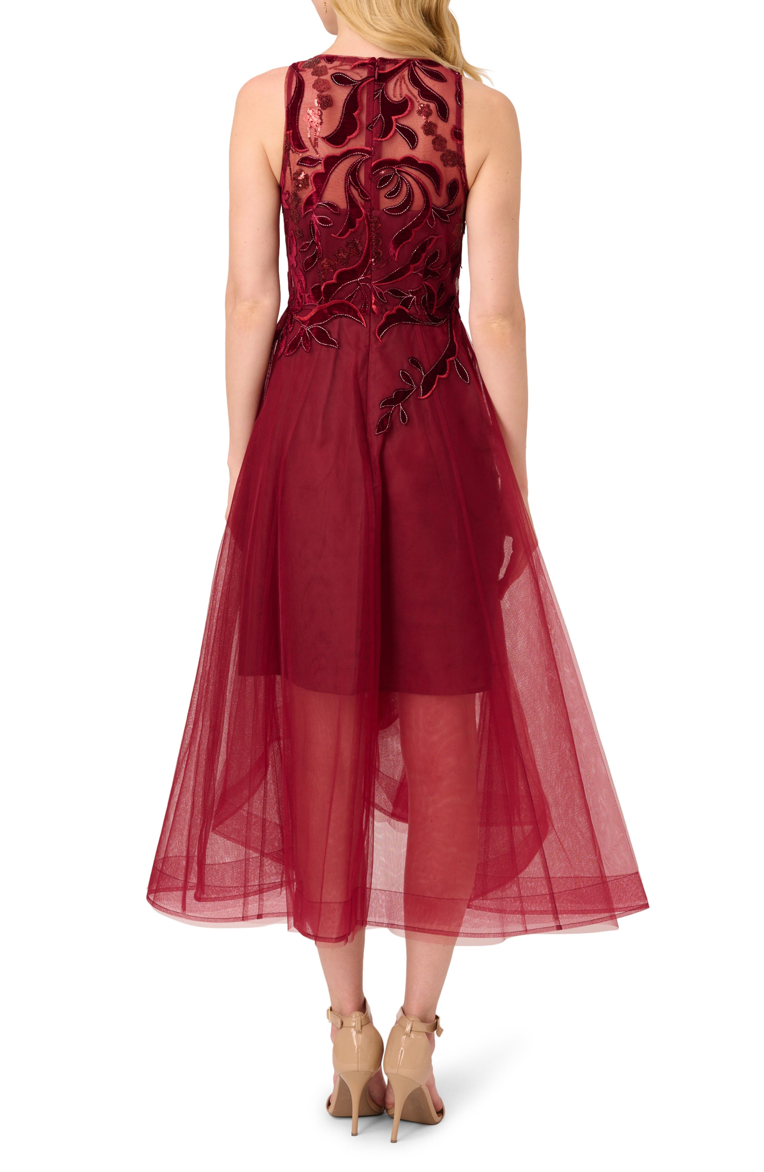 Adrianna Papell Velvet Appliqu Tulle Cocktail Dress in Garnet