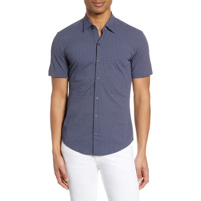 Boss Robb Slim Fit Mini Floral Short Sleeve Button-Up Performance Shirt, Blue