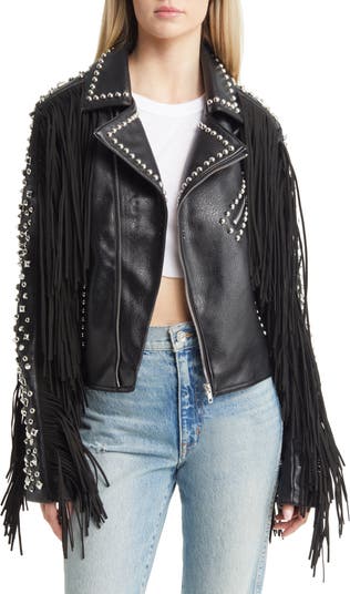 Azalea Wang Western Fringe & Rivet Detail Faux Leather Jacket
