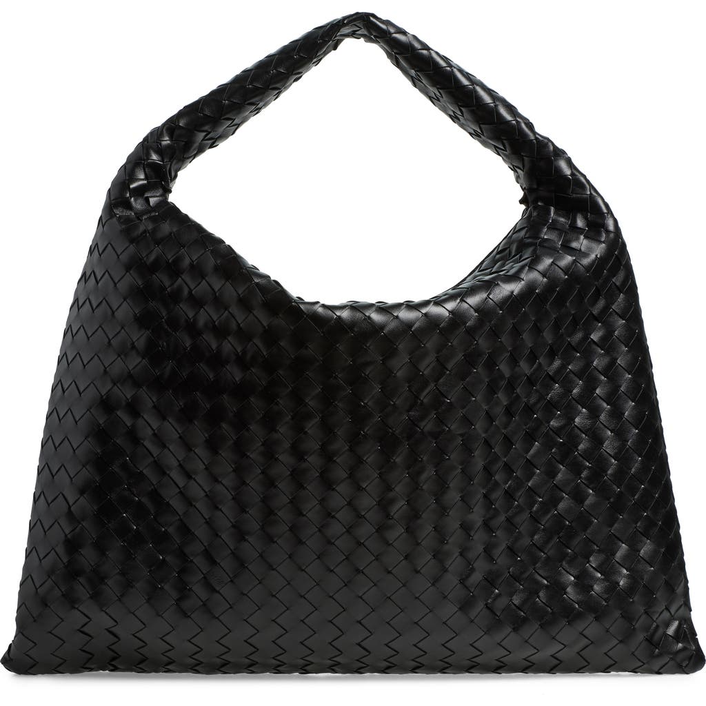 Shop Bottega Veneta Large Hop Intrecciato Leather Hobo Bag In 1019 Black-m Brass