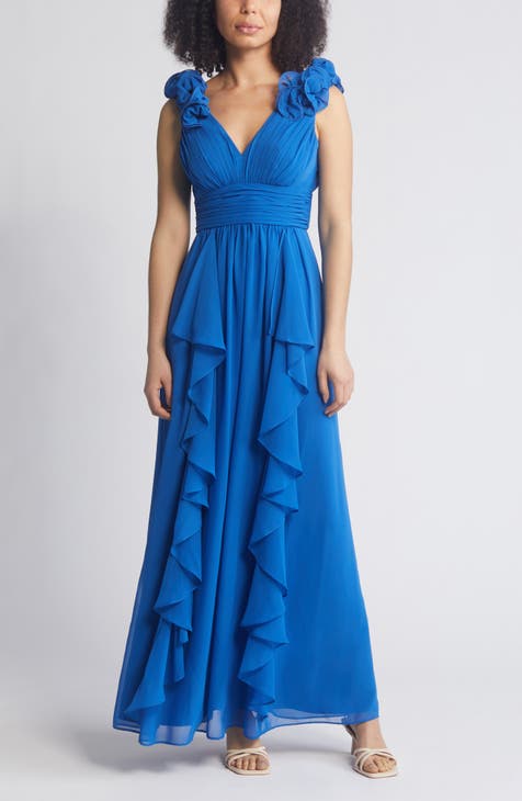 Verona Embellished Plunge Neck Halter Neck Evening Gown in Blue