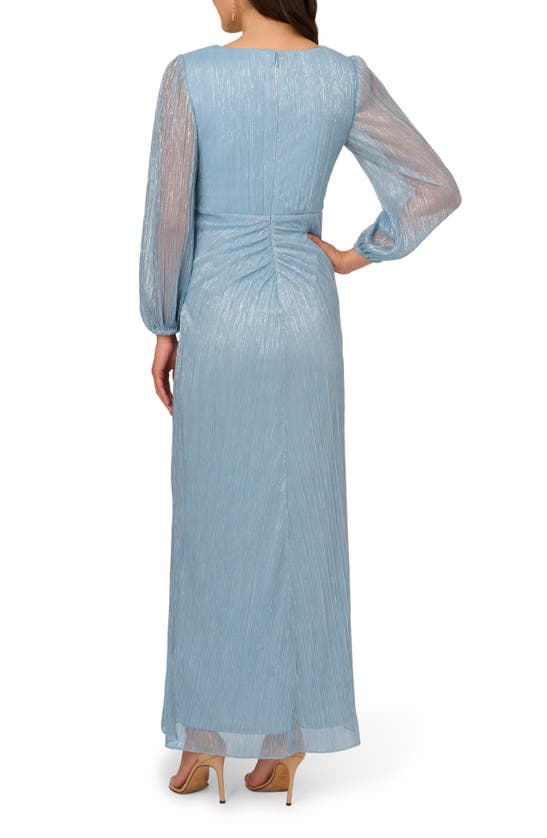 Shop Adrianna Papell Metallic Long Sleeve Mesh Evening Gown In Belize Blue
