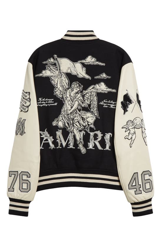 Shop Amiri Angel Graphics Oversize Leather Sleeve Wool Blend Varsity Jacket In Black
