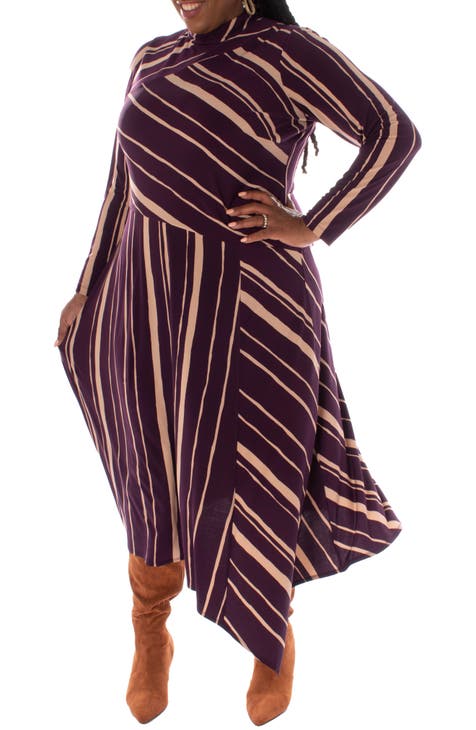 Stripe Long Sleeve Asymmetric Midi Dress (Plus)