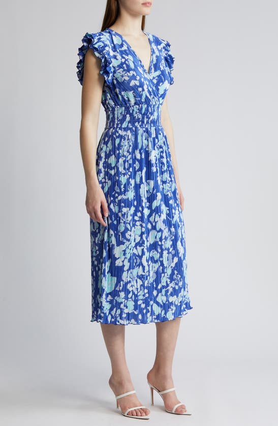 Shop Chelsea28 Flutter Sleeve Plissé Midi Dress In Blue Marmara Fade Floral