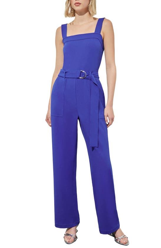 Shop Ming Wang Belted Crepe Jumpsuit In Sapphire Sea