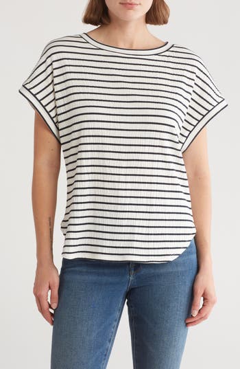 Shop Max Studio Stripe Crinkle Cuff Curve Hem Top In Crm/nvy Mrnr Stripe