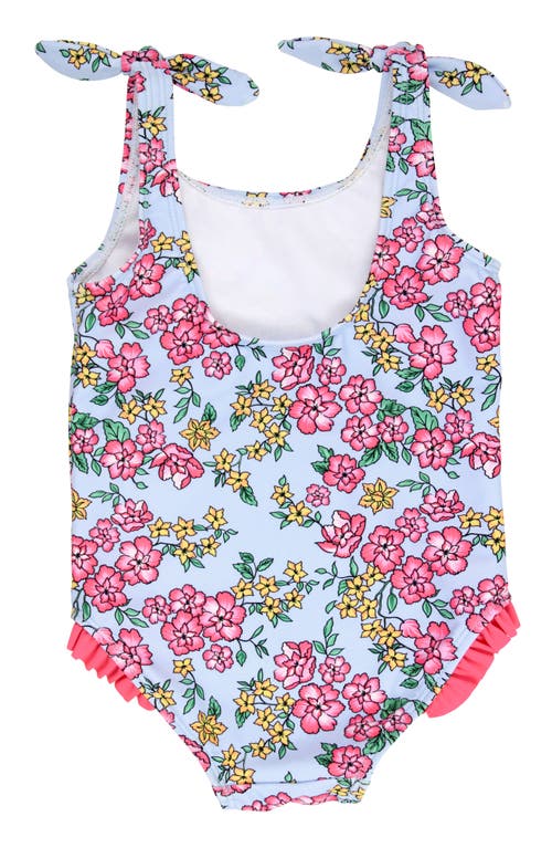 Shop Rufflebutts Kids' Cheerful Blossoms Tie Shoulder One-piece Swimsuit In Blue/pink Multi