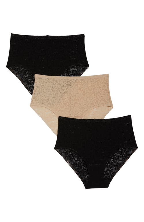 Assorted 3-Pack Lace Briefs in Black/Black/Nude