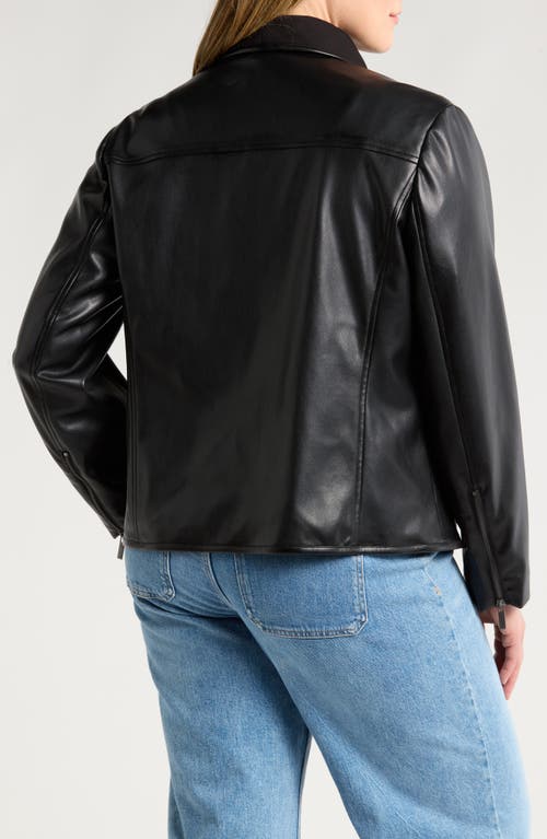 Shop Bagatelle Drape Faux Leather Sleeve Mixed Media Jacket In Black