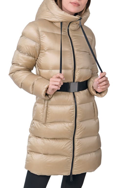 The Recycled Planet Company Nadian Belted Water Resistant Recycled Nylon Down Puffer Jacket in Sand