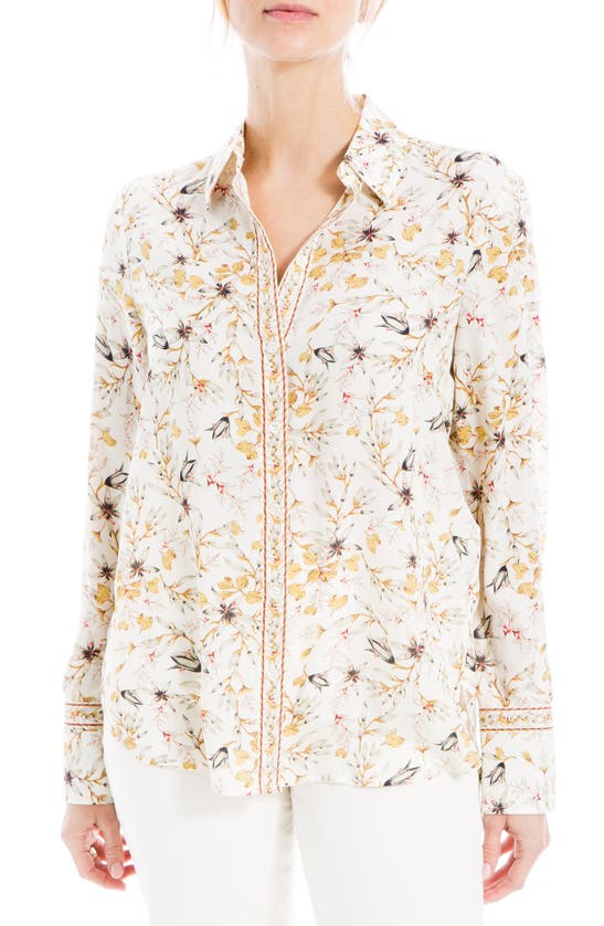 Max Studio Printed Long Sleeve Button-up Shirt In Ecru/ Slate Pressed Lily