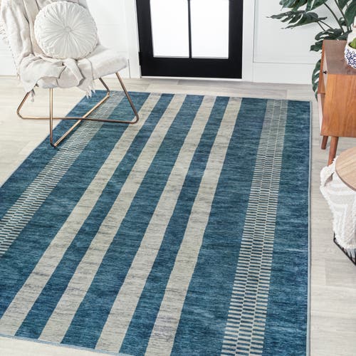 Shop Jonathan Y Vichy Geometric Striped Machine-washable Area Rug In Blue/cream