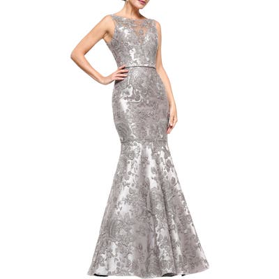 Marsoni Metallic Lace Trumpet Gown, Grey