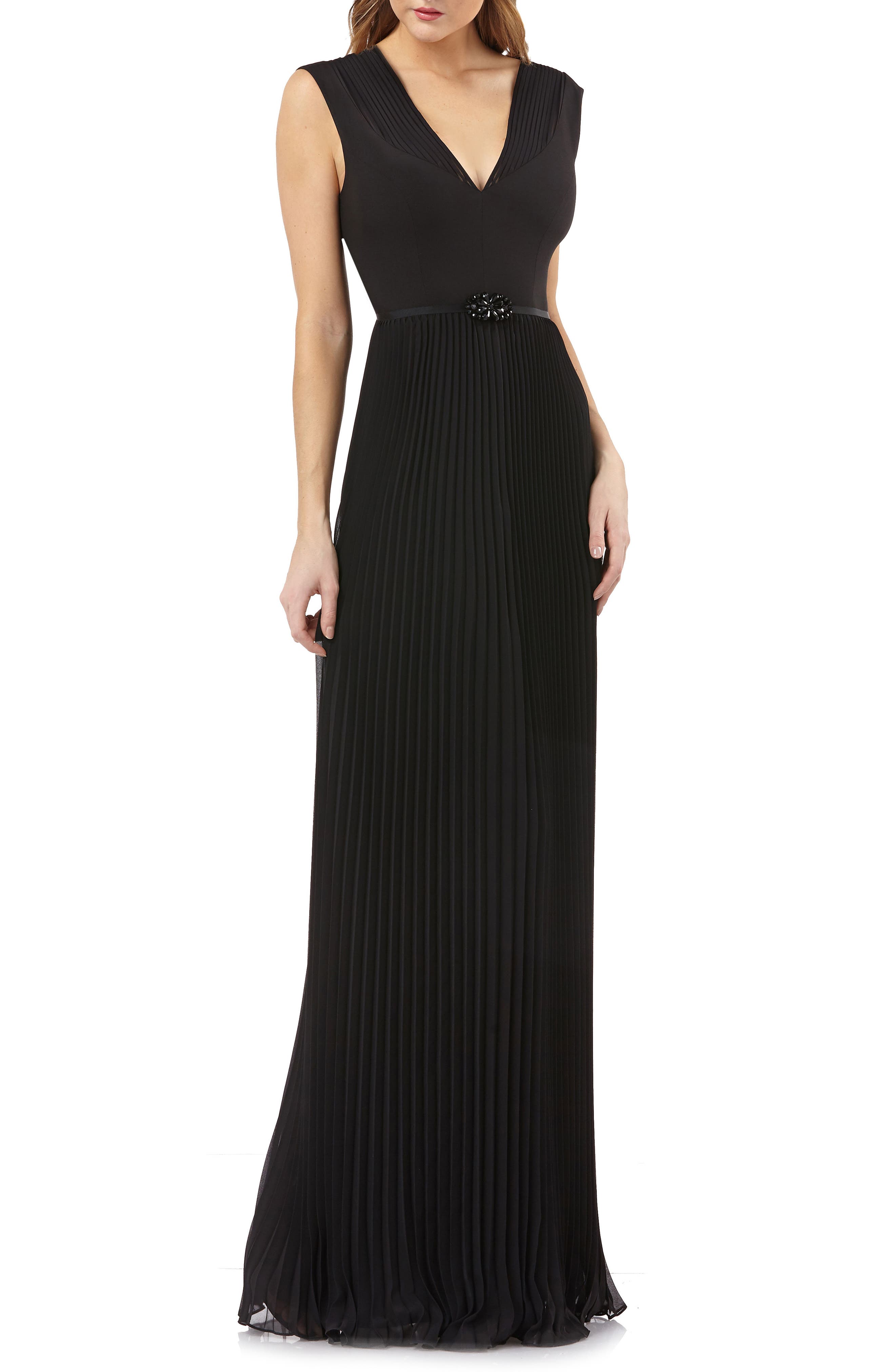 Kay Unger Sleeveless Pleated Gown, Black
