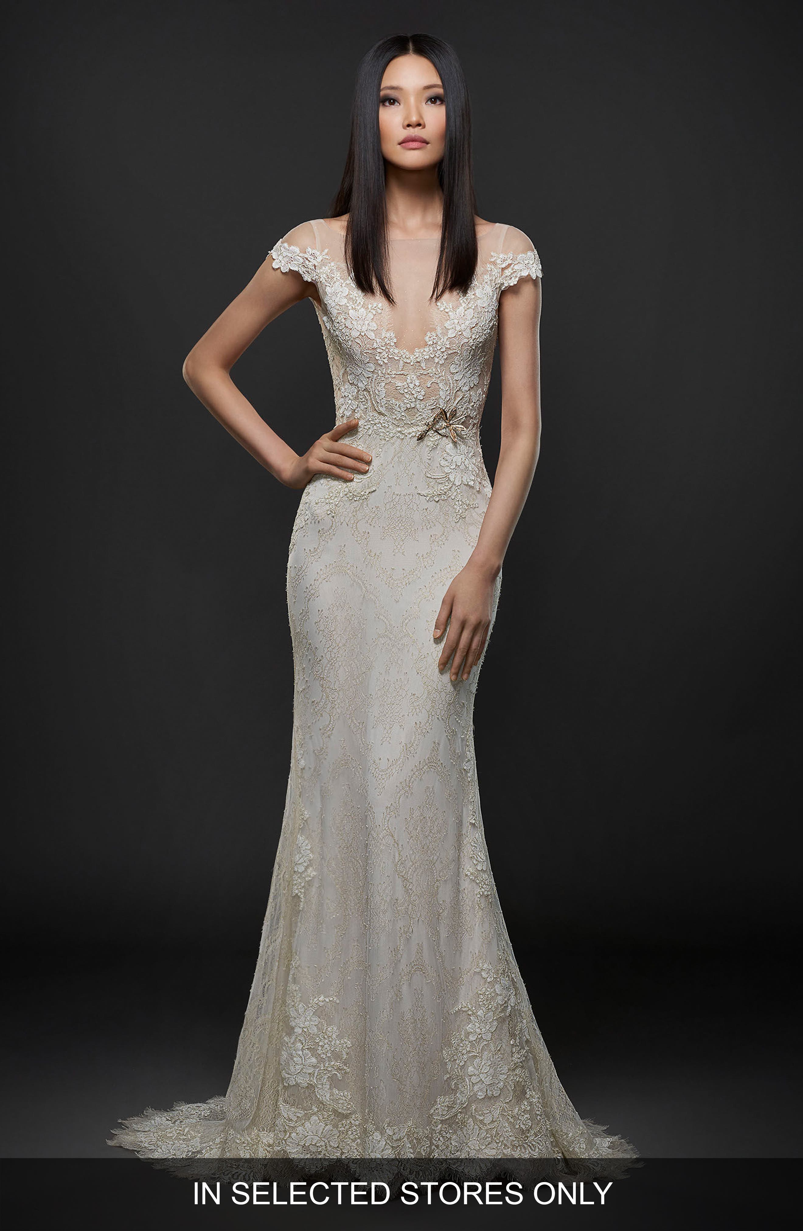 Lazaro Embroidered Lace Cap Sleeve Gown, Size IN STORE ONLY - Ivory