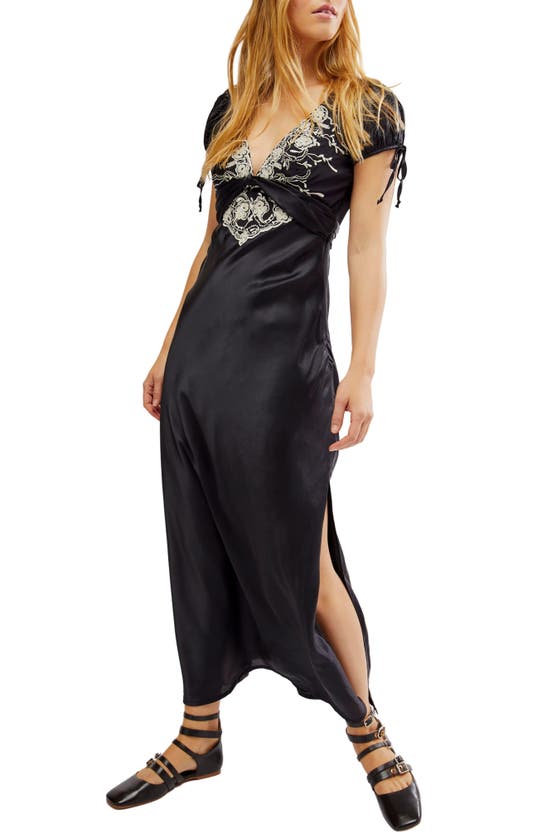 Shop Free People Cooper Embroidered Satin Maxi Dress In Black