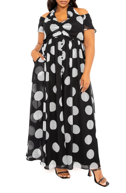 Buxom Couture Polka Dot Off The Shoulder Halter Maxi Dress In Black White