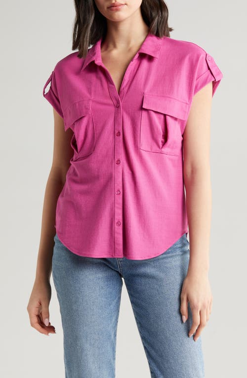 Utility Short Sleeve Button-Up Shirt in Fuchsia