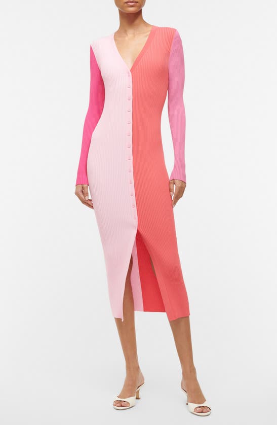 Shop Staud Colorblock Long Sleeve Sweater Dress In Flamingo Multi