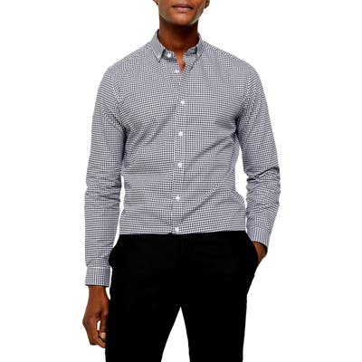 Topman Slim Fit Gingham Check Button-Down Shirt, Black