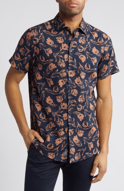 Castor Bay Floral Short Sleeve Cotton Button-Up Shirt in Navy