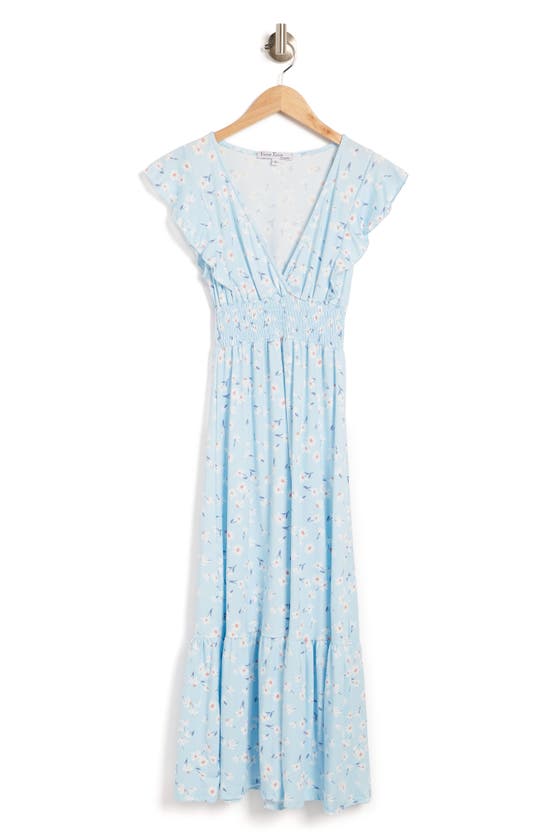 Velvet Torch Smock Waist Ruffle Sleeve Midi Dress In Blue Floral | ModeSens
