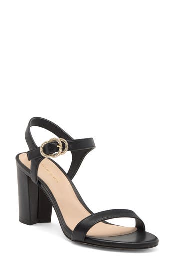 Stuart Weitzman Crystal 75 Leather Block Sandal In Black