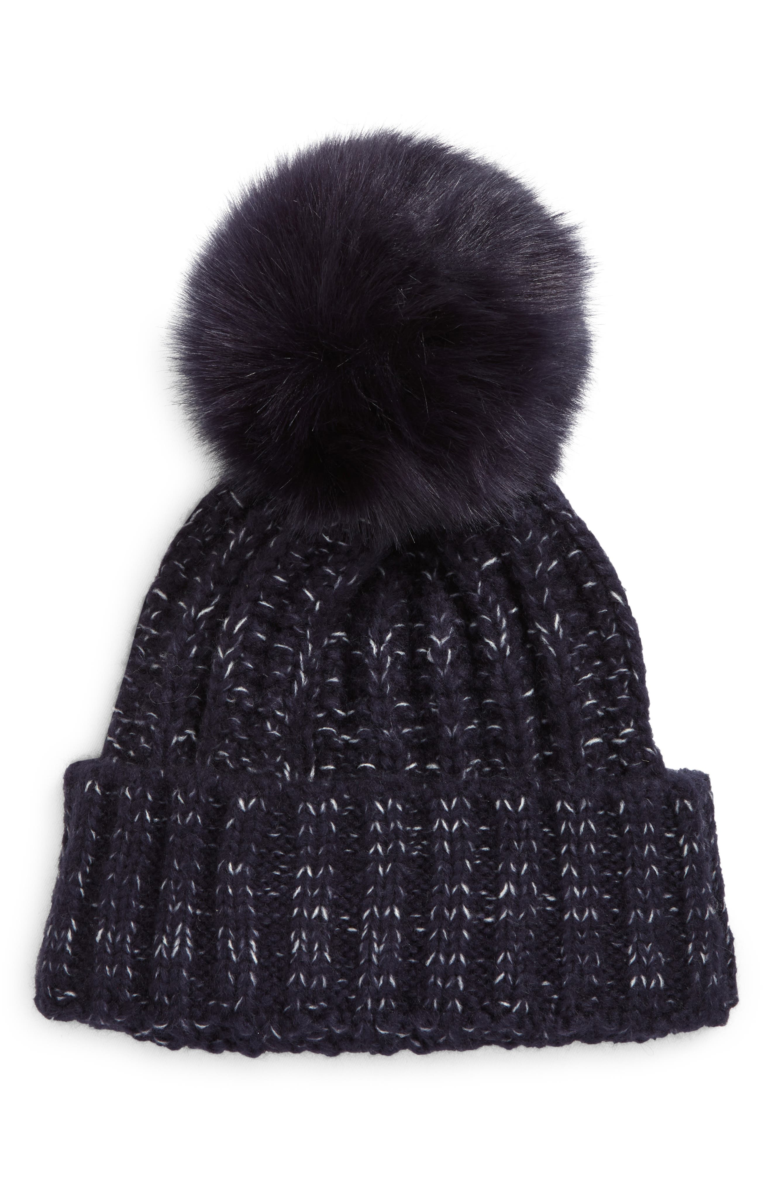 Kyi Kyi Chunky Wool Blend Beanie with Faux Fur Pom in Silver/Grey Black Tip at Nordstrom