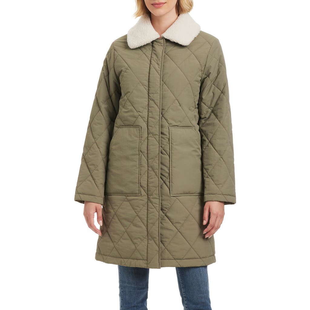 Sanctuary Water Resistant Quilted Coat With Removable Faux Shearling Collar In Sage
