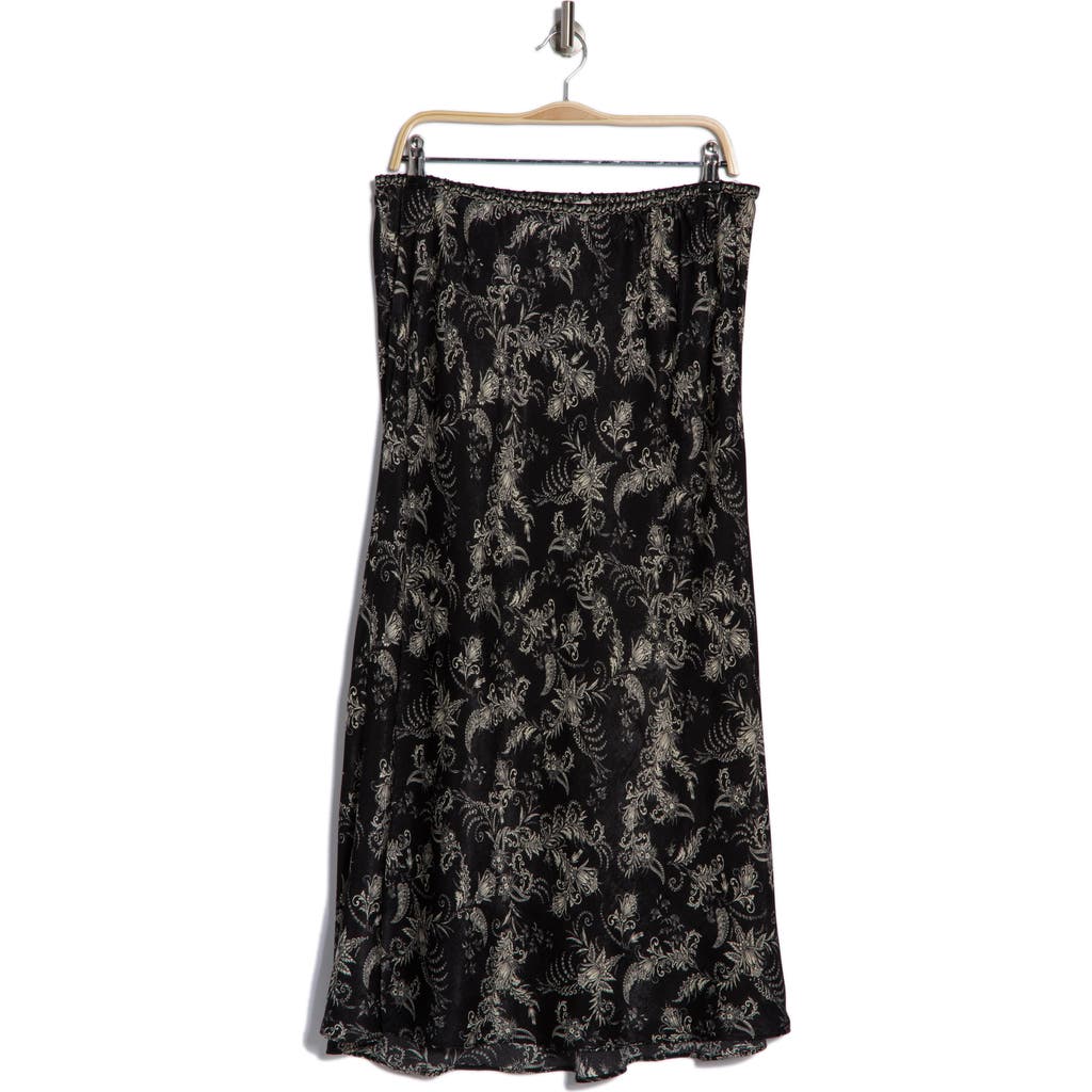 Max Studio Bias Satin Midi Skirt In Black Cream Waving Paisley