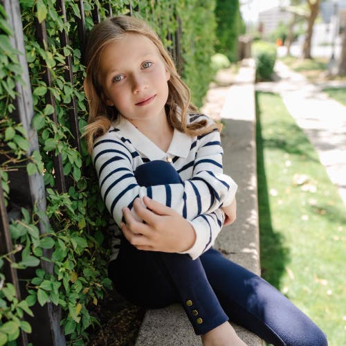 Shop Hope & Henry Girls' Organic French Collared Keyhole Sweater, Kids In Navy Breton Stripe With Collar