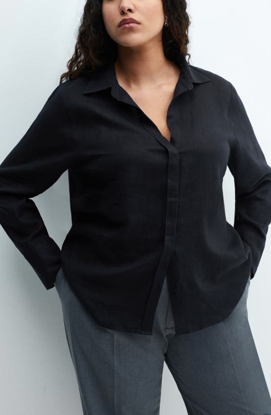 Shop Mango Button-up Linen Shirt In Black